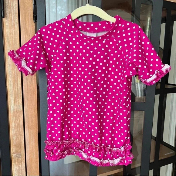 Ruffle Butts polka dots rashguard swimsuit top short sleeve toddler girl Barbie - Picture 1 of 4